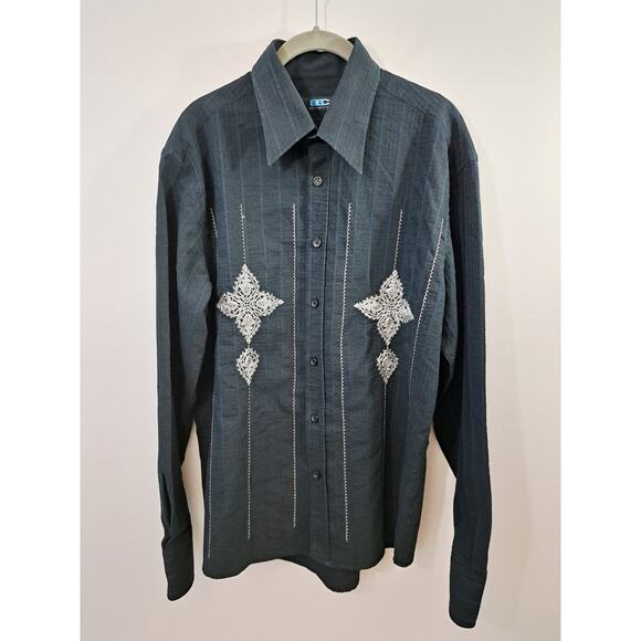 BC Collection Shirt Mens Large Black Gray Embroidered Crosses Button Down Casual - Picture 1 of 7